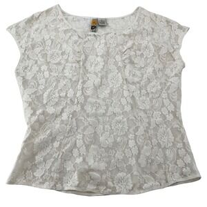 Mimi Chica Womens Ivory Floral Lace Cap Sleeve Sheer Top THR119 Medium